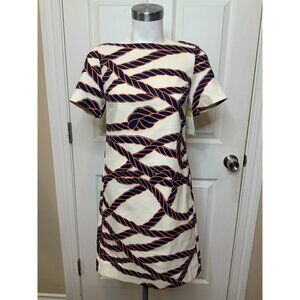 Maeve Anthropologie Cream Boat Neck Shift Dress Navy & Peach Rope Pattern Size 0